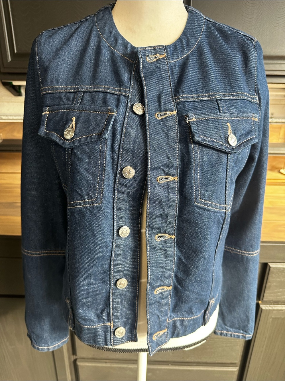 Zara Dark Blue Collarless Denim Jacket